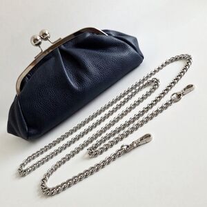 Italian Leather Navy Kisslock Clutch With Removable Silver Crossbody Chain, New